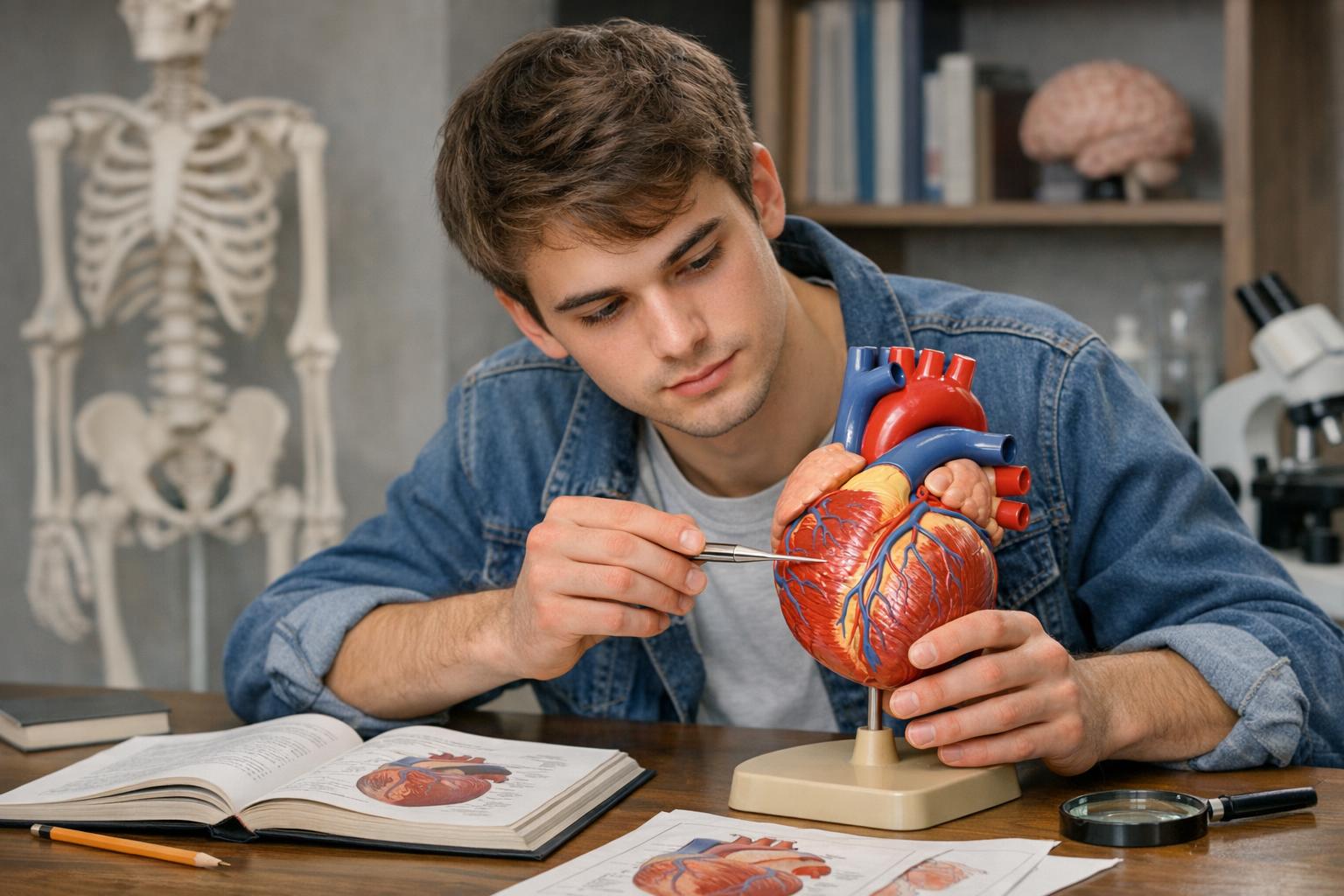 Student uczący się na anatomicznym modelu serca